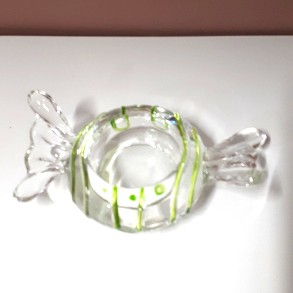 Glass Tea Light Candle Holder/Small Candy Dish. Clear Green Stripes